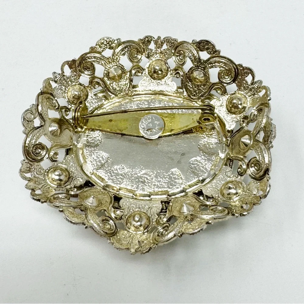West Germany Pale Green Victorian Style Vintage Brooch Very Lightweight Metal